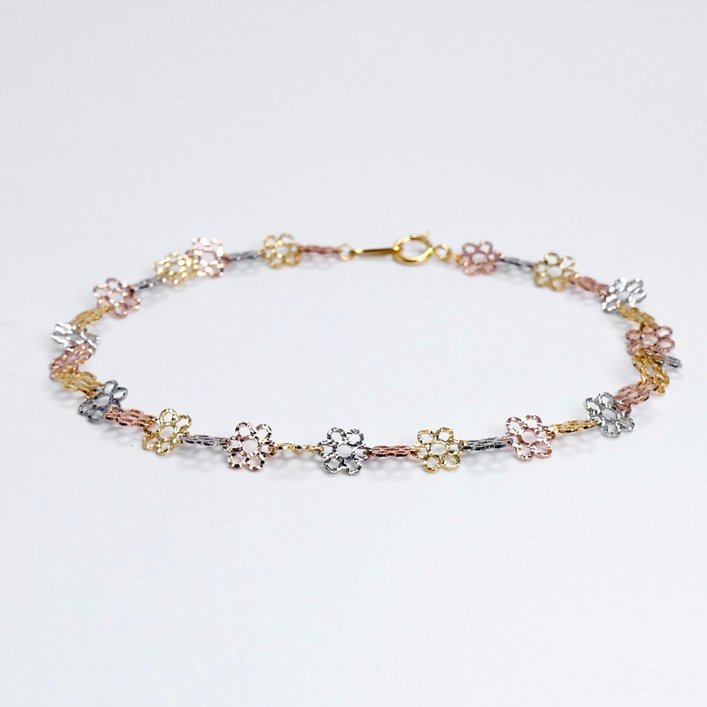 14K Yellow Rose White Gold Flower Link Fancy Bracelet 1.90g - New